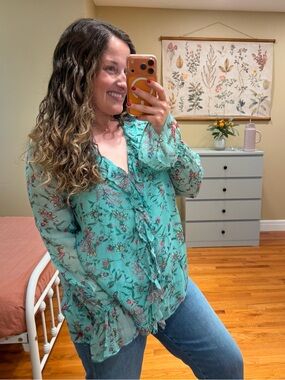 Sundance Mint Green Floral Ruffle V-Neck Blouse Large